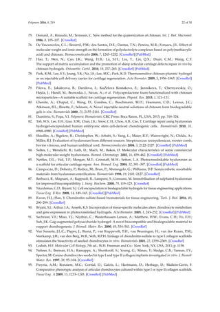 Polymers 2016, 8, 219 22 of 30
75. Domard, A.; Rinaudo, M.; Terrassin, C. New method for the quaternization of chitosan. Int. J. Biol. Macromol.
1986, 8, 105–107. [CrossRef]
76. De Vasconcelos, C.L.; Bezerril, P.M.; dos Santos, D.E.; Dantas, T.N.; Pereira, M.R.; Fonseca, J.L. Effect of
molecular weight and ionic strength on the formation of polyelectrolyte complexes based on poly(methacrylic
acid) and chitosan. Biomacromolecules 2006, 7, 1245–1252. [CrossRef] [PubMed]
77. Hao, T.; Wen, N.; Cao, J.K.; Wang, H.B.; Lu, S.H.; Liu, T.; Lin, Q.X.; Duan, C.M.; Wang, C.Y.
The support of matrix accumulation and the promotion of sheep articular cartilage defects repair in vivo by
chitosan hydrogels. Osteoarthr. Cartil. 2010, 18, 257–265. [CrossRef] [PubMed]
78. Park, K.M.; Lee, S.Y.; Joung, Y.K.; Na, J.S.; Lee, M.C.; Park, K.D. Thermosensitive chitosan-pluronic hydrogel
as an injectable cell delivery carrier for cartilage regeneration. Acta Biomater. 2009, 5, 1956–1965. [CrossRef]
[PubMed]
79. Filova, E.; Jakubcova, B.; Danilova, I.; KuZelova Kostakova, E.; Jarosikova, T.; Chernyavskiy, O.;
Hejda, J.; Handl, M.; Beznoska, J.; Necas, A.; et al. Polycaprolactone foam functionalized with chitosan
microparticles—A suitable scaffold for cartilage regeneration. Physiol. Res. 2015, 1, 121–131.
80. Chenite, A.; Chaput, C.; Wang, D.; Combes, C.; Buschmann, M.D.; Hoemann, C.D.; Leroux, J.C.;
Atkinson, B.L.; Binette, F.; Selmani, A. Novel injectable neutral solutions of chitosan form biodegradable
gels in situ. Biomaterials 2000, 21, 2155–2161. [CrossRef]
81. Dumitriu, S.; Popa, V.I. Polymeric Biomaterials; CRC Press: Boca Raton, FL, USA, 2013; pp. 318–324.
82. Toh, W.S.; Lee, E.H.; Guo, X.M.; Chan, J.K.; Yeow, C.H.; Choo, A.B.; Cao, T. Cartilage repair using hyaluronan
hydrogel-encapsulated human embryonic stem cell-derived chondrogenic cells. Biomaterials 2010, 31,
6968–6980. [CrossRef] [PubMed]
83. Shiedlin, A.; Bigelow, R.; Christopher, W.; Arbabi, S.; Yang, L.; Maier, R.V.; Wainwright, N.; Childs, A.;
Miller, R.J. Evaluation of hyaluronan from different sources: Streptococcus zooepidemicus, rooster comb,
bovine vitreous, and human umbilical cord. Biomacromolecules 2004, 5, 2122–2127. [CrossRef] [PubMed]
84. Soltes, L.; Mendichi, R.; Lath, D.; Mach, M.; Bakos, D. Molecular characteristics of some commercial
high-molecular-weight hyaluronans. Biomed. Chromatogr. 2002, 16, 459–462. [CrossRef] [PubMed]
85. Nettles, D.L.; Vail, T.P.; Morgan, M.T.; Grinstaff, M.W.; Setton, L.A. Photocrosslinkable hyaluronan as
a scaffold for articular cartilage repair. Ann. Biomed. Eng. 2004, 32, 391–397. [CrossRef] [PubMed]
86. Campoccia, D.; Doherty, P.; Radice, M.; Brun, P.; Abatangelo, G.; Williams, D.F. Semisynthetic resorbable
materials from hyaluronan esteriﬁcation. Biomaterials 1998, 19, 2101–2127. [CrossRef]
87. Barbucci, R.; Magnani, A.; Rappuoli, R.; Lamponi, S.; Consumi, M. Immobilisation of sulphated hyaluronan
for improved biocompatibility. J. Inorg. Biochem. 2000, 79, 119–125. [CrossRef]
88. Nicodemus, G.D.; Bryant, S.J. Cell encapsulation in biodegradable hydrogels for tissue engineering applications.
Tissue Eng. B Rev. 2008, 14, 149–165. [CrossRef] [PubMed]
89. Kwon, H.J.; Han, Y. Chondroitin sulfate-based biomaterials for tissue engineering. Turk. J. Biol. 2016, 40,
290–299. [CrossRef]
90. Bryant, S.J.; Arthur, J.A.; Anseth, K.S. Incorporation of tissue-specific molecules alters chondrocyte metabolism
and gene expression in photocrosslinked hydrogels. Acta Biomater. 2005, 1, 243–252. [CrossRef] [PubMed]
91. Sechriest, V.F.; Miao, Y.J.; Niyibizi, C.; Westerhausen-Larson, A.; Matthew, H.W.; Evans, C.H.; Fu, F.H.;
Suh, J.K. Gag-augmented polysaccharide hydrogel: A novel biocompatible and biodegradable material to
support chondrogenesis. J. Biomed. Mater. Res. 2000, 49, 534–541. [CrossRef]
92. Van Susante, J.L.C.; Pieper, J.; Buma, P.; van Kuppevelt, T.H.; van Beuningen, H.; van der Kraan, P.M.;
Veerkamp, J.H.; van den Berg, W.B.; Veth, R.P.H. Linkage of chondroitin-sulfate to type I collagen scaffolds
stimulates the bioactivity of seeded chondrocytes in vitro. Biomaterials 2001, 22, 2359–2369. [CrossRef]
93. Lodish, H.F. Molecular Cell Biology, 7th ed.; W.H. Freeman and Co.: New York, NY, USA, 2013; p. 1158.
94. Nehrer, S.; Breinan, H.A.; Ramappa, A.; Shortkroff, S.; Young, G.; Minas, T.; Sledge, C.B.; Yannas, I.V.;
Spector, M. Canine chondrocytes seeded in type I and type II collagen implants investigated in vitro. J. Biomed.
Mater. Res. 1997, 38, 95–104. [CrossRef]
95. Freyria, A.M.; Ronziere, M.C.; Cortial, D.; Galois, L.; Hartmann, D.; Herbage, D.; Mallein-Gerin, F.
Comparative phenotypic analysis of articular chondrocytes cultured within type I or type II collagen scaffolds.
Tissue Eng. A 2009, 15, 1233–1245. [CrossRef] [PubMed]
 