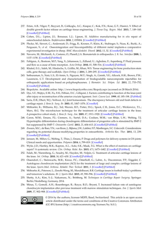 Polymers 2016, 8, 219 30 of 30
237. Ertan, A.B.; Yilgor, P.; Bayyurt, B.; Calikoglu, A.C.; Kaspar, C.; Kok, F.N.; Kose, G.T.; Hasirci, V. Effect of
double growth factor release on cartilage tissue engineering. J. Tissue Eng. Regen. Med. 2013, 7, 149–160.
[CrossRef] [PubMed]
238. Cohen, D.L.; Lipton, J.I.; Bonassar, L.J.; Lipson, H. Additive manufacturing for in situ repair of
osteochondral defects. Biofabrication 2010, 2, 035004. [CrossRef] [PubMed]
239. Plecko, M.; Sievert, C.; Andermatt, D.; Frigg, R.; Kronen, P.; Klein, K.; Stubinger, S.; Nuss, K.; Burki, A.;
Ferguson, S.; et al. Osseointegration and biocompatibility of different metal implants-a comparative
experimental investigation in sheep. BMC Musculoskelet. Disord. 2012, 13, 32. [CrossRef] [PubMed]
240. Navarro, M.; Michiardi, A.; Castano, O.; Planell, J.A. Biomaterials in orthopaedics. J. R. Soc. Interface 2008, 5,
1137–1158. [CrossRef] [PubMed]
241. Fahlgren, A.; Bostrom, M.P.; Yang, X.; Johansson, L.; Edlund, U.; Agholme, F.; Aspenberg, P. Fluid pressure
and ﬂow as a cause of bone resorption. Acta Orthop. 2010, 81, 508–516. [CrossRef] [PubMed]
242. Khaled, E.G.; Saleh, M.; Hindocha, S.; Grifﬁn, M.; Khan, W.S. Tissue engineering for bone production-stem
cells, gene therapy and scaffolds. Open Orthop. J. 2011, 5, 289–295. [CrossRef] [PubMed]
243. Sethuraman, S.; Nair, L.S.; El-Amin, S.; Nguyen, M.T.; Singh, A.; Greish, Y.E.; Allcock, H.R.; Brown, P.W.;
Laurencin, C.T. Development and characterization of biodegradable nanocomposite injectables for
orthopaedic applications based on polyphosphazenes. J. Biomater. Sci. Polym. Ed. 2011, 22, 733–752.
[CrossRef] [PubMed]
244. Biopolytm. Available online: http://www.biopolyortho.com/Biopoly.aspx (accessed on 28 March 2016).
245. Dye, S.F.; Wojtys, E.M.; Fu, F.H.; Fithian, D.C.; Gillquist, I. Factors contributing to function of the knee joint
after injury or reconstruction of the anterior cruciate ligament. Instr. Course Lect. 1999, 48, 185–198. [PubMed]
246. Saris, D.B.; Dhert, W.J.; Verbout, A.J. Joint homeostasis. The discrepancy between old and fresh defects in
cartilage repair. J. Bone Jt. Surg. Br. 2003, 85, 1067–1076. [CrossRef]
247. Mithoefer, K.; Williams, R.J., 3rd; Warren, R.F.; Potter, H.G.; Spock, C.R.; Jones, E.C.; Wickiewicz, T.L.;
Marx, R.G. The microfracture technique for the treatment of articular cartilage lesions in the knee.
A prospective cohort study. J. Bone Jt. Surg. Am. 2005, 87, 1911–1920. [CrossRef] [PubMed]
248. Caron, M.M.; Emans, P.J.; Cremers, A.; Surtel, D.A.; Coolsen, M.M.; van Rhijn, L.W.; Welting, T.J.
Hypertrophic differentiation during chondrogenic differentiation of progenitor cells is stimulated by BMP-2
but suppressed by bMP-7. Osteoarthr. Cartil. 2013, 21, 604–613. [CrossRef] [PubMed]
249. Zweers, M.C.; de Boer, T.N.; van Roon, J.; Bijlsma, J.W.; Lafeber, F.P.; Mastbergen, S.C. Celecoxib: Considerations
regarding its potential disease-modifying properties in osteoarthritis. Arthritis Res. Ther. 2011, 13, 239.
[CrossRef] [PubMed]
250. Janssen, M.; Mihov, G.; Welting, T.; Thies, J.; Emans, P. Drugs and polymers for delivery systems in OA joints:
Clinical needs and opportunities. Polymers 2014, 6, 799–819. [CrossRef]
251. Wylie, J.D.; Hartley, M.K.; Kapron, A.L.; Aoki, S.K.; Maak, T.G. What is the effect of matrices on cartilage
repair? A systematic review. Clin. Orthop. Relat. Res. 2015, 473, 1673–1682. [CrossRef] [PubMed]
252. Falah, M.; Nierenberg, G.; Soudry, M.; Hayden, M.; Volpin, G. Treatment of articular cartilage lesions of
the knee. Int. Orthop. 2010, 34, 621–630. [CrossRef] [PubMed]
253. Ossendorf, C.; Steinwachs, M.R.; Kreuz, P.C.; Osterhoff, G.; Lahm, A.; Ducommun, P.P.; Erggelet, C.
Autologous chondrocyte implantation (ACI) for the treatment of large and complex cartilage lesions of
the knee. Sports Med. Arthrosc. Rehabil. Ther. Technol. 2011, 3. [CrossRef] [PubMed]
254. Mithoefer, K.; Peterson, L.; Zenobi-Wong, M.; Mandelbaum, B.R. Cartilage issues in football-today’s problems
and tomorrow’s solutions. Br. J. Sports Med. 2015, 49, 590–596. [CrossRef] [PubMed]
255. Shetty, A.A.; Kim, S.-J.; Nakamura, N.; Brittberg, M. Techniques in Cartilage Repair Surgery; Springer:
Berlin/Heidelberg, Germany, 2014.
256. Minas, T.; Gomoll, A.H.; Rosenberger, R.; Royce, R.O.; Bryant, T. Increased failure rate of autologous
chondrocyte implantation after previous treatment with marrow stimulation techniques. Am. J. Sports Med.
2009, 37, 902–908. [CrossRef] [PubMed]
© 2016 by the authors; licensee MDPI, Basel, Switzerland. This article is an open access
article distributed under the terms and conditions of the Creative Commons Attribution
(CC-BY) license (http://creativecommons.org/licenses/by/4.0/).
 