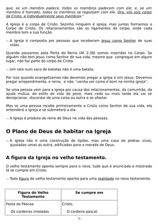 que, se um membro padece, todos os membros padecem com ele; e, se um
membro é honrado, todos os membros se regozijam com ele. Ora, vós sois corpo
de Cristo, e individualmente seus membros."
A Igreja é o corpo de Cristo. Sozinho ninguém é igreja, mas juntos formamos o
Corpo de Cristo. Os relacionamentos são os ligamentos do corpo, onde cada
membro tem a sua função.
¬ A Igreja é composta por pessoas que receberam Jesus como Senhor de suas
vidas.
Quando passamos pela Porta do Reino (At 2:38) somos inseridos no Corpo. Se
alguém não tem Jesus como Senhor de sua vida, mesmo que congregue em algum
lugar, não faz parte do corpo de Cristo.
¬ Um rato num saco de batatas não é uma batata.
Por isso quando evangelizamos não devemos pregar a igreja e sim Jesus. Devemos
pregar arrependimento, o reino, e não: "venha ver como é bom na minha igreja".
Se uma pessoa vem para a Igreja por causa dos relacionamentos, da comunhão, da
ajuda mútua, do estilo de vida do povo, mais cedo ou mais tarde ela vai se
decepcionar, discordar de uma coisa ou outra e se afastar.
Mas se uma pessoa recebe primeiramente a Cristo como Senhor de sua vida, ela
entenderá a igreja e se submeterá a ela.
¬ A Igreja é produto do reino de Deus na vida das pessoas.

O Plano de Deus de habitar na Igreja
¬ A igreja não é uma construção de tijolos, mas uma casa de pedras vivas,
ajustadas umas as outra, edificadas para a morada de Deus.

A figura da Igreja no velho testamento.
O velho testamento aponta sempre para o novo, tudo que é anunciado e mostrado
lá se cumpre em Cristo.
¬ Toda figura do velho testamento aponta para uma realidade no novo testamento.

Figura do Velho
Testamento
Festa da Páscoa
Os cordeiros imolados

Se cumpre em
Cristo,
O cordeiro pascal.
70

 