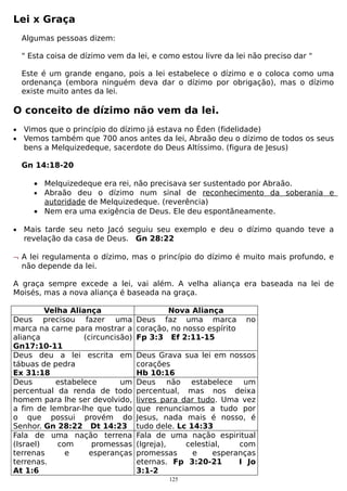 Lei x Graça
Algumas pessoas dizem:
" Esta coisa de dízimo vem da lei, e como estou livre da lei não preciso dar "
Este é um grande engano, pois a lei estabelece o dízimo e o coloca como uma
ordenança (embora ninguém deva dar o dízimo por obrigação), mas o dízimo
existe muito antes da lei.

O conceito de dízimo não vem da lei.
•
•

Vimos que o princípio do dízimo já estava no Éden (fidelidade)
Vemos também que 700 anos antes da lei, Abraão deu o dízimo de todos os seus
bens a Melquizedeque, sacerdote do Deus Altíssimo. (figura de Jesus)
Gn 14:18-20
• Melquizedeque era rei, não precisava ser sustentado por Abraão.
• Abraão deu o dízimo num sinal de reconhecimento da soberania e
autoridade de Melquizedeque. (reverência)
• Nem era uma exigência de Deus. Ele deu espontãneamente.

•

Mais tarde seu neto Jacó seguiu seu exemplo e deu o dízimo quando teve a
revelação da casa de Deus. Gn 28:22

¬ A lei regulamenta o dízimo, mas o princípio do dízimo é muito mais profundo, e
não depende da lei.
A graça sempre excede a lei, vai além. A velha aliança era baseada na lei de
Moisés, mas a nova aliança é baseada na graça.
Velha Aliança
Deus precisou fazer uma
marca na carne para mostrar a
aliança
(circuncisão)
Gn17:10-11
Deus deu a lei escrita em
tábuas de pedra
Ex 31:18
Deus
estabelece
um
percentual da renda de todo
homem para lhe ser devolvido,
a fim de lembrar-lhe que tudo
o que possui provém do
Senhor. Gn 28:22 Dt 14:23
Fala de uma nação terrena
(Israel)
com
promessas
terrenas
e
esperanças
terrenas.
At 1:6

Nova Aliança
Deus faz uma marca
coração, no nosso espírito
Fp 3:3 Ef 2:11-15

no

Deus Grava sua lei em nossos
corações
Hb 10:16
Deus não estabelece um
percentual, mas nos deixa
livres para dar tudo. Uma vez
que renunciamos a tudo por
Jesus, nada mais é nosso, é
tudo dele. Lc 14:33
Fala de uma nação espiritual
(Igreja),
celestial,
com
promessas
e
esperanças
eternas. Fp 3:20-21
I Jo
3:1-2
125

 