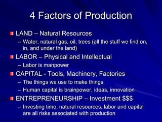 4 Factors of Production
LAND – Natural Resources
– Water, natural gas, oil, trees (all the stuff we find on,
in, and under the land)
LABOR – Physical and Intellectual
– Labor is manpower
CAPITAL - Tools, Machinery, Factories
– The things we use to make things
– Human capital is brainpower, ideas, innovation
ENTREPRENEURSHIP – Investment $$$
– Investing time, natural resources, labor and capital
are all risks associated with production
 