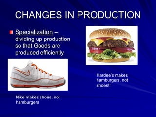 CHANGES IN PRODUCTION
Specialization –
dividing up production
so that Goods are
produced efficiently
Nike makes shoes, not
hamburgers
Hardee’s makes
hamburgers, not
shoes!!
 