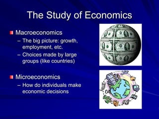 The Study of Economics
Macroeconomics
– The big picture: growth,
employment, etc.
– Choices made by large
groups (like countries)
Microeconomics
– How do individuals make
economic decisions
 