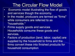 The Circular Flow Model
• Economic model illustrating the flow of goods
and services though the economy.
• In the model, producers are termed as "firms"
while consumers are referred to as
"households."
• Firms supply goods and services
Households consume these goods and
services.
• Factors of production (land, labor, capital) are
supplied by the household to firms and the
firms convert these into finished products for
household consumption
 