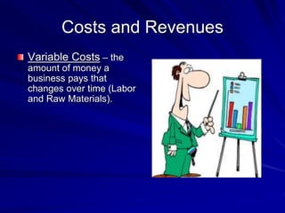 Costs and Revenues
Variable Costs – the
amount of money a
business pays that
changes over time (Labor
and Raw Materials).
 