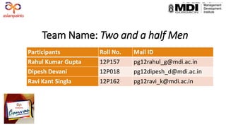 Team Name: Two and a half Men
Participants Roll No. Mail ID
Rahul Kumar Gupta 12P157 pg12rahul_g@mdi.ac.in
Dipesh Devani 12P018 pg12dipesh_d@mdi.ac.in
Ravi Kant Singla 12P162 pg12ravi_k@mdi.ac.in
 