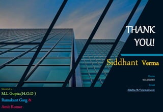 THANK
YOU!
Siddhant Verma
Phone
9634851982
Email
Siddhu1827@gmail.com
Submitted to :
M.L Gupta,(H.O.D )
Ramakant Garg &
Amit Kumar .
 