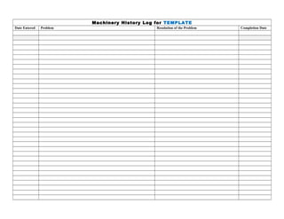 Machinery History Log for TEMPLATE
Date Entered Problem Resolution of the Problem Completion Date
 