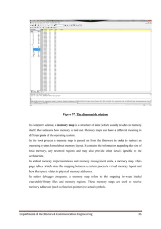 Department of Electronics & Communication Engineering 36
Figure 37. The disassembly window
In computer science, a memory map is a structure of data (which usually resides in memory
itself) that indicates how memory is laid out. Memory maps can have a different meaning in
different parts of the operating system.
In the boot process a memory map is passed on from the firmware in order to instruct an
operating system kernelabout memory layout. It contains the information regarding the size of
total memory, any reserved regions and may also provide other details specific to the
architecture.
In virtual memory implementations and memory management units, a memory map refers
page tables ,which store the mapping between a certain process's virtual memory layout and
how that space relates to physical memory addresses.
In native debugger programs, a memory map refers to the mapping between loaded
executable/library files and memory regions. These memory maps are used to resolve
memory addresses (such as function pointers) to actual symbols.
 