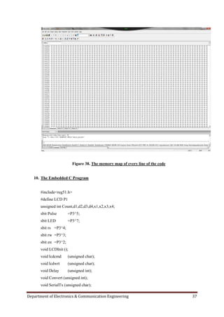 Department of Electronics & Communication Engineering 37
Figure 38. The memory map of every line of the code
10. The Embedded C Program
#include<reg51.h>
#define LCD P1
unsigned int Count,d1,d2,d3,d4,x1,x2,x3,x4;
sbit Pulse =P3^5;
sbit LED =P3^7;
sbit rs =P3^4;
sbit rw =P3^3;
sbit en =P3^2;
void LCDInit ();
void lcdcmd (unsigned char);
void lcdwrt (unsigned char);
void Delay (unsigned int);
void Convert (unsigned int);
void SerialTx (unsigned char);
 