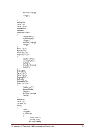 Department of Electronics & Communication Engineering 39
SerialTx(Display);
Delay(1);
}
Delay(200);
SerialTx('r');
SerialTx('n');
lcdcmd(0x01);
Delay(1);
for(z=0;z<16;z++)
{
Display=str3[z];
lcdwrt(Display);
Delay(1);
SerialTx(Display);
Delay(1);
}
SerialTx('r');
Serialtx('n');
lcdcmd(0xC0);
for(z=0;z<16;z++)
{
Display=str4[z];
lcdwrt(Display);
Delay(1);
SerialTx(Display);
Delay(1);
}
Delay(200);
SerialTx('r');
SerialTx('n');
lcdcmd(0x01);
Delay(1);
lcdcmd(0xC0);
for(z=0;z<16;z++)
{
Display=str5[z];
lcdwrt(Display);
Delay(1);
SerialTx(Display);
Delay(1);
}
Delay(70);
SerialTx('r');
Serialtx('n');
while(1)
{
LED=1;
Delay(30);
if(Pulse==0)
{
Count=Count+1;
Convert(Count);
if(Count==9999)
 