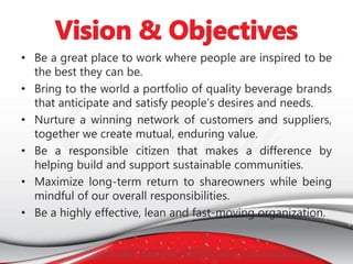 • Be a great place to work where people are inspired to be
the best they can be.
• Bring to the world a portfolio of quality beverage brands
that anticipate and satisfy people’s desires and needs.
• Nurture a winning network of customers and suppliers,
together we create mutual, enduring value.
• Be a responsible citizen that makes a difference by
helping build and support sustainable communities.
• Maximize long-term return to shareowners while being
mindful of our overall responsibilities.
• Be a highly effective, lean and fast-moving organization.
 