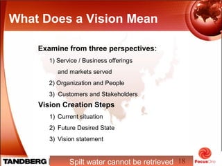 18
What Does a Vision Mean
Spilt water cannot be retrieved
Examine from three perspectives:
1) Service / Business offerings
and markets served
2) Organization and People
3) Customers and Stakeholders
Vision Creation Steps
1) Current situation
2) Future Desired State
3) Vision statement
 