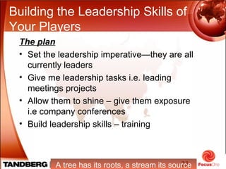 23
Building the Leadership Skills of
Your Players
The plan
• Set the leadership imperative—they are all
currently leaders
• Give me leadership tasks i.e. leading
meetings projects
• Allow them to shine – give them exposure
i.e company conferences
• Build leadership skills – training
A tree has its roots, a stream its source
 