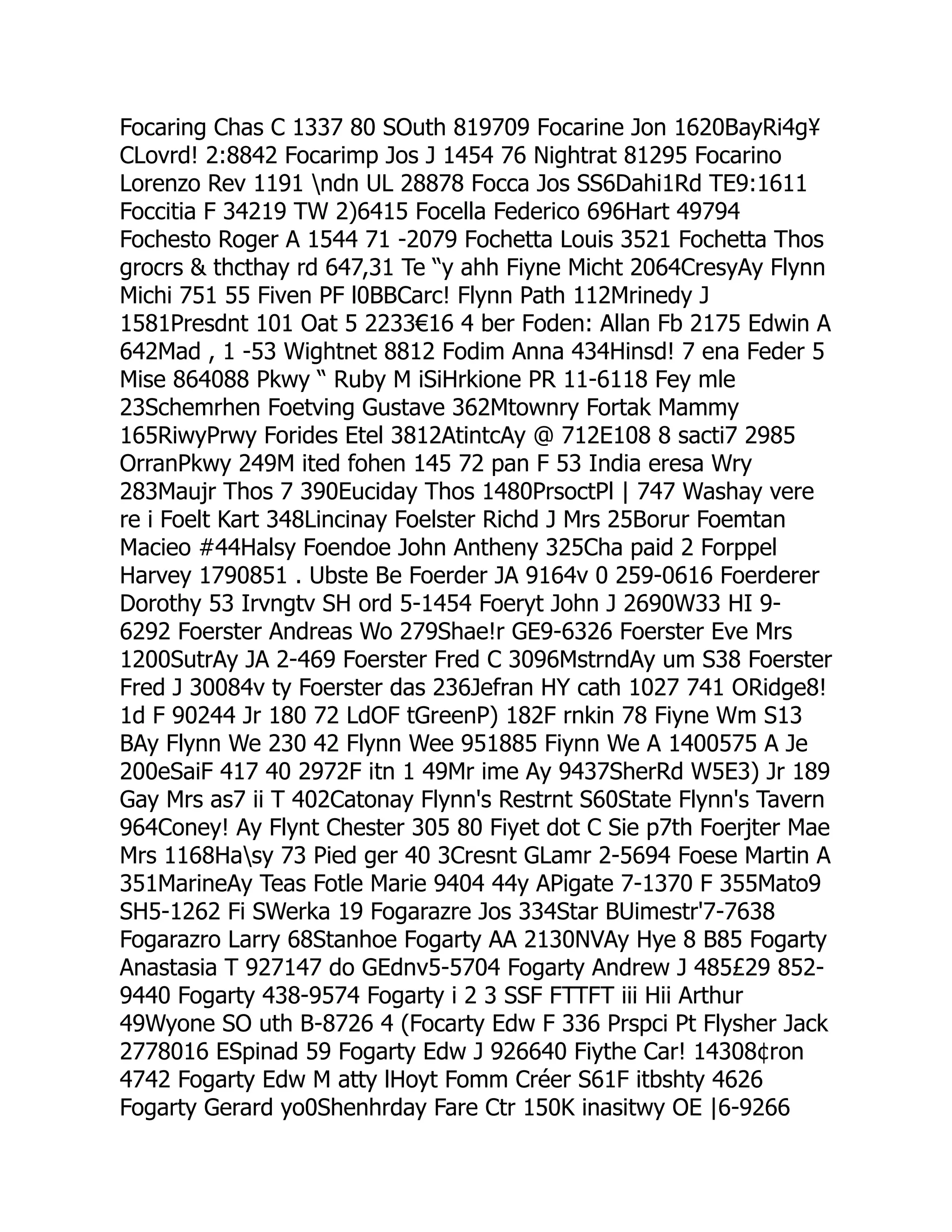 Focaring Chas C 1337 80 SOuth 819709 Focarine Jon 1620BayRi4g¥
CLovrd! 2:8842 Focarimp Jos J 1454 76 Nightrat 81295 Focarino
Lorenzo Rev 1191 ndn UL 28878 Focca Jos SS6Dahi1Rd TE9:1611
Foccitia F 34219 TW 2)6415 Focella Federico 696Hart 49794
Fochesto Roger A 1544 71 -2079 Fochetta Louis 3521 Fochetta Thos
grocrs  thcthay rd 647,31 Te “y ahh Fiyne Micht 2064CresyAy Flynn
Michi 751 55 Fiven PF l0BBCarc! Flynn Path 112Mrinedy J
1581Presdnt 101 Oat 5 2233€16 4 ber Foden: Allan Fb 2175 Edwin A
642Mad , 1 -53 Wightnet 8812 Fodim Anna 434Hinsd! 7 ena Feder 5
Mise 864088 Pkwy “ Ruby M iSiHrkione PR 11-6118 Fey mle
23Schemrhen Foetving Gustave 362Mtownry Fortak Mammy
165RiwyPrwy Forides Etel 3812AtintcAy @ 712E108 8 sacti7 2985
OrranPkwy 249M ited fohen 145 72 pan F 53 India eresa Wry
283Maujr Thos 7 390Euciday Thos 1480PrsoctPl | 747 Washay vere
re i Foelt Kart 348Lincinay Foelster Richd J Mrs 25Borur Foemtan
Macieo #44Halsy Foendoe John Antheny 325Cha paid 2 Forppel
Harvey 1790851 . Ubste Be Foerder JA 9164v 0 259-0616 Foerderer
Dorothy 53 Irvngtv SH ord 5-1454 Foeryt John J 2690W33 HI 9-
6292 Foerster Andreas Wo 279Shae!r GE9-6326 Foerster Eve Mrs
1200SutrAy JA 2-469 Foerster Fred C 3096MstrndAy um S38 Foerster
Fred J 30084v ty Foerster das 236Jefran HY cath 1027 741 ORidge8!
1d F 90244 Jr 180 72 LdOF tGreenP) 182F rnkin 78 Fiyne Wm S13
BAy Flynn We 230 42 Flynn Wee 951885 Fiynn We A 1400575 A Je
200eSaiF 417 40 2972F itn 1 49Mr ime Ay 9437SherRd W5E3) Jr 189
Gay Mrs as7 ii T 402Catonay Flynn's Restrnt S60State Flynn's Tavern
964Coney! Ay Flynt Chester 305 80 Fiyet dot C Sie p7th Foerjter Mae
Mrs 1168Hasy 73 Pied ger 40 3Cresnt GLamr 2-5694 Foese Martin A
351MarineAy Teas Fotle Marie 9404 44y APigate 7-1370 F 355Mato9
SH5-1262 Fi SWerka 19 Fogarazre Jos 334Star BUimestr'7-7638
Fogarazro Larry 68Stanhoe Fogarty AA 2130NVAy Hye 8 B85 Fogarty
Anastasia T 927147 do GEdnv5-5704 Fogarty Andrew J 485£29 852-
9440 Fogarty 438-9574 Fogarty i 2 3 SSF FTTFT iii Hii Arthur
49Wyone SO uth B-8726 4 (Focarty Edw F 336 Prspci Pt Flysher Jack
2778016 ESpinad 59 Fogarty Edw J 926640 Fiythe Car! 14308¢ron
4742 Fogarty Edw M atty lHoyt Fomm Créer S61F itbshty 4626
Fogarty Gerard yo0Shenhrday Fare Ctr 150K inasitwy OE |6-9266
 
