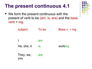 4.1The present continuous
 We form the present continuous with the
present of verb to be (am, is, are) and the base
verb + ing.
subject To be Base v. + ing
I am
He, she, it is working
They, we,
you
are
 