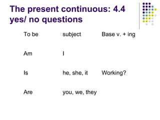 4.4The present continuous:
yes/ no questions
To be subject Base v. + ing
Am I
Is he, she, it Working?
Are you, we, they
 