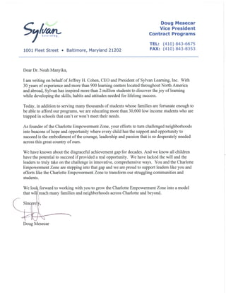 Letter of Endorsement for CEZ from Sylvan Learning Centers