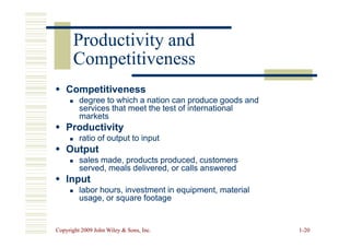 Productivity and
Productivity and
Competitiveness
Competitiveness

 Competitiveness
Competitiveness

 degree to which a nation can produce goods and
degree to which a nation can produce goods and
services that meet the test of international
services that meet the test of international
markets
markets

 Productivity
Productivity
Copyright 2009 John Wiley  Sons, Inc.
Copyright 2009 John Wiley  Sons, Inc. 1
1-
-20
20

 Productivity
Productivity

 ratio of output to input
ratio of output to input

 Output
Output

 sales made, products produced, customers
sales made, products produced, customers
served, meals delivered, or calls answered
served, meals delivered, or calls answered

 Input
Input

 labor hours, investment in equipment, material
labor hours, investment in equipment, material
usage, or square footage
usage, or square footage
 