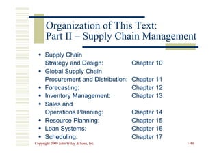 Supply Chain
Supply Chain
Strategy and Design:
Strategy and Design: Chapter 10
Chapter 10

 Global Supply Chain
Global Supply Chain
Procurement and Distribution:
Procurement and Distribution: Chapter 11
Chapter 11
Organization of This Text:
Organization of This Text:
Part II
Part II –
– Supply Chain Management
Supply Chain Management
Copyright 2009 John Wiley  Sons, Inc.
Copyright 2009 John Wiley  Sons, Inc. 1
1-
-40
40
Procurement and Distribution:
Procurement and Distribution: Chapter 11
Chapter 11

 Forecasting:
Forecasting: Chapter 12
Chapter 12

 Inventory Management:
Inventory Management: Chapter 13
Chapter 13

 Sales and
Sales and
Operations Planning:
Operations Planning: Chapter 14
Chapter 14

 Resource Planning:
Resource Planning: Chapter 15
Chapter 15

 Lean Systems:
Lean Systems: Chapter 16
Chapter 16

 Scheduling:
Scheduling: Chapter 17
Chapter 17
 