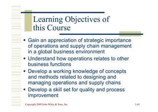 Learning Objectives of
Learning Objectives of
this Course
this Course

 Gain an appreciation of strategic importance
Gain an appreciation of strategic importance
of operations and supply chain management
of operations and supply chain management
in a global business environment
in a global business environment

 Understand how operations relates to other
Understand how operations relates to other
Copyright 2009 John Wiley  Sons, Inc.
Copyright 2009 John Wiley  Sons, Inc. 1
1-
-41
41

 Understand how operations relates to other
Understand how operations relates to other
business functions
business functions

 Develop a working knowledge of concepts
Develop a working knowledge of concepts
and methods related to designing and
and methods related to designing and
managing operations and supply chains
managing operations and supply chains

 Develop a skill set for quality and process
Develop a skill set for quality and process
improvement
improvement
 