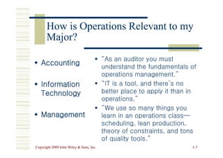 How is Operations Relevant to my
How is Operations Relevant to my
Major?
Major?

 Accounting
Accounting

 “As an auditor you must
“As an auditor you must
understand the fundamentals of
understand the fundamentals of
operations management.”
operations management.”
Copyright 2009 John Wiley  Sons, Inc.
Copyright 2009 John Wiley  Sons, Inc. 1
1-
-7
7

 Information
Information
Technology
Technology

 Management
Management

 “IT is a tool, and there’s no
“IT is a tool, and there’s no
better place to apply it than in
better place to apply it than in
operations.”
operations.”

 “We use so many things you
“We use so many things you
learn in an operations class
learn in an operations class—
—
scheduling, lean production,
scheduling, lean production,
theory of constraints, and tons
theory of constraints, and tons
of quality tools.”
of quality tools.”
 