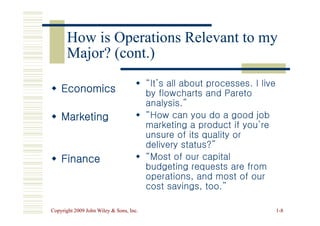 How is Operations Relevant to my
How is Operations Relevant to my
Major? (cont.)
Major? (cont.)

 Economics
Economics

 Marketing
Marketing

 “It’s all about processes. I live
“It’s all about processes. I live
by flowcharts and Pareto
by flowcharts and Pareto
analysis.”
analysis.”

 “How can you do a good job
“How can you do a good job
Copyright 2009 John Wiley  Sons, Inc.
Copyright 2009 John Wiley  Sons, Inc. 1
1-
-8
8

 Marketing
Marketing

 Finance
Finance

 “How can you do a good job
“How can you do a good job
marketing a product if you’re
marketing a product if you’re
unsure of its quality or
unsure of its quality or
delivery status?”
delivery status?”

 “Most of our capital
“Most of our capital
budgeting requests are from
budgeting requests are from
operations, and most of our
operations, and most of our
cost savings, too.”
cost savings, too.”
 