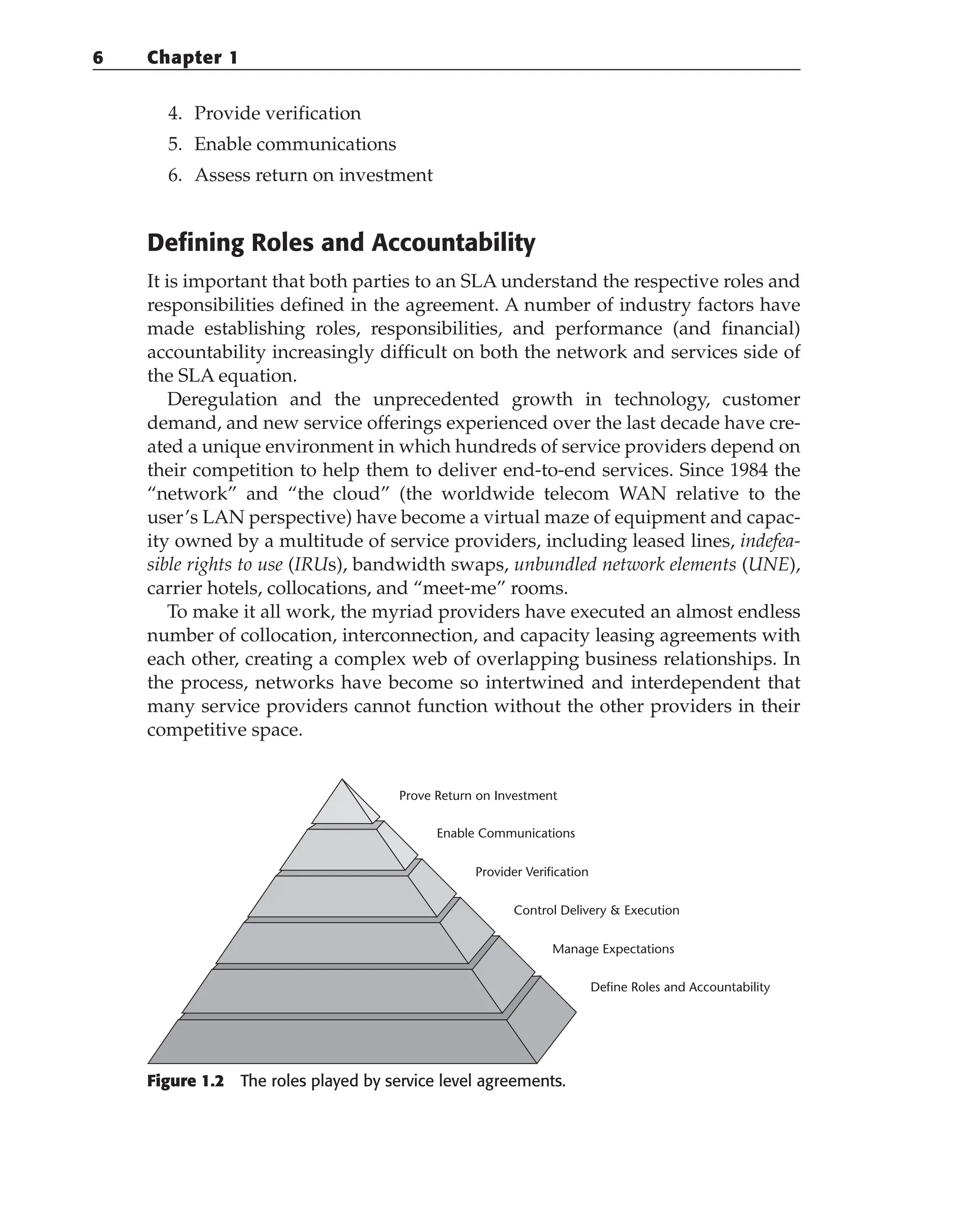 4. Provide verification
5. Enable communications
6. Assess return on investment
Defining Roles and Accountability
It is important that both parties to an SLA understand the respective roles and
responsibilities defined in the agreement. A number of industry factors have
made establishing roles, responsibilities, and performance (and financial)
accountability increasingly difficult on both the network and services side of
the SLA equation.
Deregulation and the unprecedented growth in technology, customer
demand, and new service offerings experienced over the last decade have cre-
ated a unique environment in which hundreds of service providers depend on
their competition to help them to deliver end-to-end services. Since 1984 the
“network” and “the cloud” (the worldwide telecom WAN relative to the
user’s LAN perspective) have become a virtual maze of equipment and capac-
ity owned by a multitude of service providers, including leased lines, indefea-
sible rights to use (IRUs), bandwidth swaps, unbundled network elements (UNE),
carrier hotels, collocations, and “meet-me” rooms.
To make it all work, the myriad providers have executed an almost endless
number of collocation, interconnection, and capacity leasing agreements with
each other, creating a complex web of overlapping business relationships. In
the process, networks have become so intertwined and interdependent that
many service providers cannot function without the other providers in their
competitive space.
Figure 1.2 The roles played by service level agreements.
Prove Return on Investment
Enable Communications
Provider Verification
Control Delivery & Execution
Manage Expectations
Define Roles and Accountability
6 Chapter 1
 