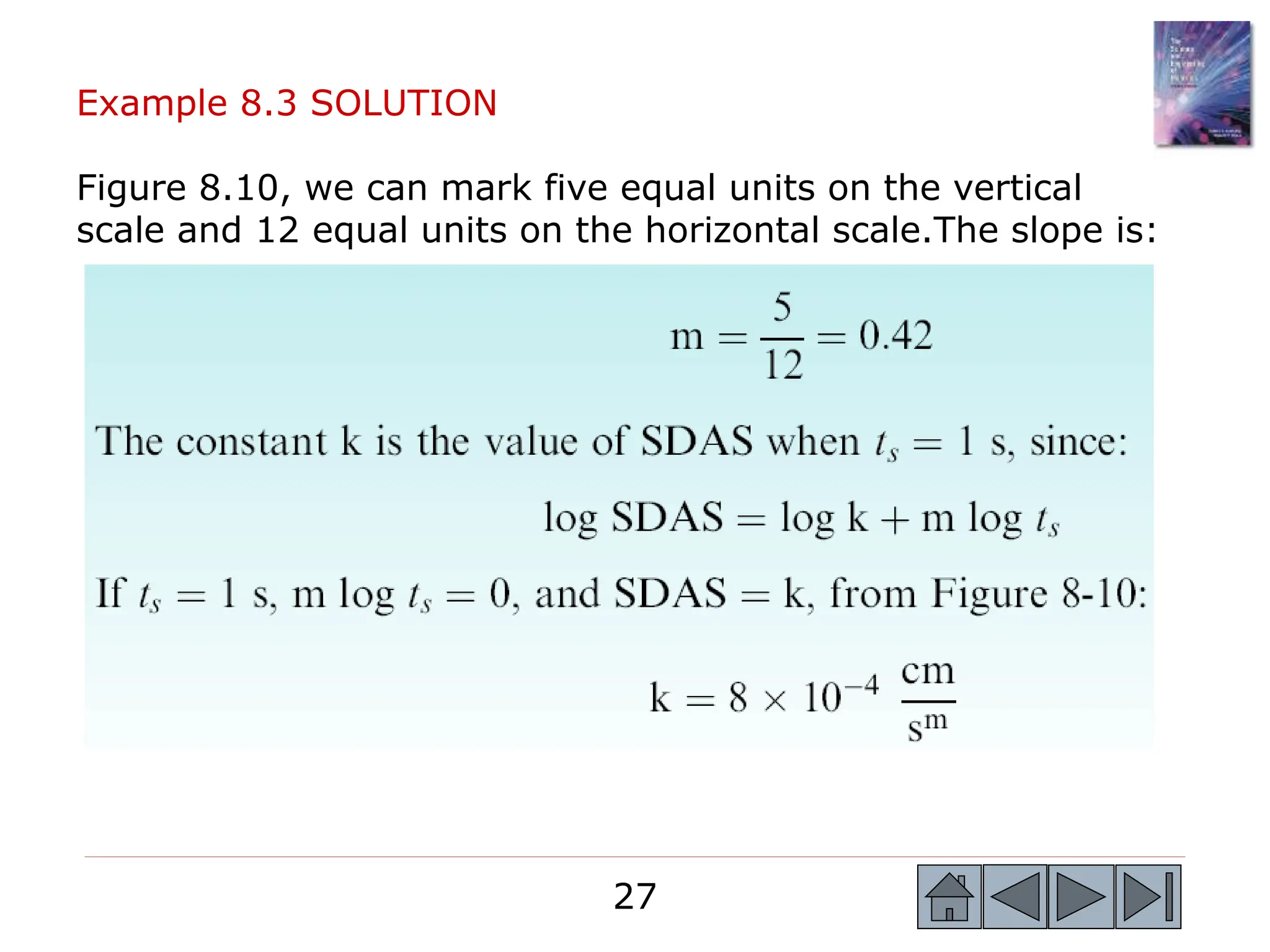 27
27
Example 8.3 SOLUTION
Figure 8.10, we can mark five equal units on the vertical
scale and 12 equal units on the horizontal scale.The slope is:
 