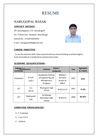 RESUME
NARUGOPAL BASAK
CONTACT DETAILS :
Vill: Gourangapara, P.O.: Samudragarh
Pin: 713519, Dist – Burdwan, West Bengal
Contact No. : (+91)9732010553
E-mail : narugopal1993@gmail.com
CAREER OBJECTIVE :
To use the technical skills I have acquired and my rational thinking to achieve highest
levels of excellence in professional and personal career.
ACADEMIC QUALIFICATIONS :
Degree /
Certificate
Qualifications Institute
Board /
University
Year
Aggregate
% / DGPA
Graduation B.Tech
( EEE )
Aryabhatta Institute
of Engineering and
Management,
Durgapur
MAKAUT
formerly
known as
WBUT
2015 8.05
12th H.S
(10+2)
Dhatrigram High
School W.B.C.H.S.E 2011 71.8%
10th Madhyamik
(10)
Paruldanga
Nasaratpur High
School
W.B.B.S.E 2009 84.25%
COMPUTER PROFICIENCIES :
• C Language
• Core JAVA
• Android
 