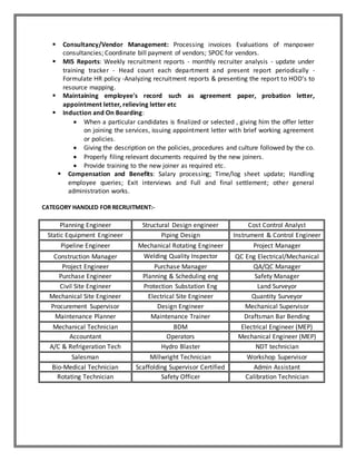  Consultancy/Vendor Management: Processing invoices Evaluations of manpower
consultancies; Coordinate bill payment of vendors; SPOC for vendors.
 MIS Reports: Weekly recruitment reports - monthly recruiter analysis - update under
training tracker - Head count each department and present report periodically -
Formulate HR policy -Analyzing recruitment reports & presenting the report to HOD’s to
resource mapping.
 Maintaining employee's record such as agreement paper, probation letter,
appointment letter, relieving letter etc
 Induction and On Boarding:
 When a particular candidates is finalized or selected , giving him the offer letter
on joining the services, issuing appointment letter with brief working agreement
or policies.
 Giving the description on the policies, procedures and culture followed by the co.
 Properly filing relevant documents required by the new joiners.
 Provide training to the new joiner as required etc.
 Compensation and Benefits: Salary processing; Time/log sheet update; Handling
employee queries; Exit interviews and Full and final settlement; other general
administration works.
CATEGORY HANDLED FOR RECRUITMENT:-
Planning Engineer Structural Design engineer Cost Control Analyst
Static Equipment Engineer Piping Design Instrument & Control Engineer
Pipeline Engineer Mechanical Rotating Engineer Project Manager
Construction Manager Welding Quality Inspector QC Eng Electrical/Mechanical
Project Engineer Purchase Manager QA/QC Manager
Purchase Engineer Planning & Scheduling eng Safety Manager
Civil Site Engineer Protection Substation Eng Land Surveyor
Mechanical Site Engineer Electrical Site Engineer Quantity Surveyor
Procurement Supervisor Design Engineer Mechanical Supervisor
Maintenance Planner Maintenance Trainer Draftsman Bar Bending
Mechanical Technician BDM Electrical Engineer (MEP)
Accountant Operators Mechanical Engineer (MEP)
A/C & Refrigeration Tech Hydro Blaster NDT technician
Salesman Millwright Technician Workshop Supervisor
Bio-Medical Technician Scaffolding Supervisor Certified Admin Assistant
Rotating Technician Safety Officer Calibration Technician
 