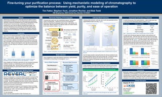 Fine-tuning your purification process: Using mechanistic modeling of chromatography to
optimize the balance between yield, purity, and ease of operation
Tim Fattor, Stephen Hunt, Jonathan Rocher, and Bob Todd
KBI Biopharma, 2500 Central Ave, Boulder CO 80301
Abstract Calibrated Model Predictions
Model-based Process Optimization
Biotechnology companies need to continually improve the speed of product
development and the efficiency with which these products are manufactured.
Application of advanced computational tools to process development provides
the opportunity for improved process understanding and therefore the
development of more robust and efficient manufacturing processes. With
improved understanding around parameters that have the greatest impact,
along with an understanding of the magnitude of these impacts, it becomes
possible to fine-tune chromatography unit operations to optimize for desired
outcomes.
Mechanistic Modeling of Chromatography
Film mass transfer
resistance
Mass Transport in the Mobile Phase
Axial
Dispersion
Transport
into Bead
Diffusive Transport in
Stationary Phase
Convective
flow
Column void
Mobile
phase
Dispersion
Packed bed
Pore diffusion
Porous bead
Pore
Particle void
Protein
Binding
Convection
Adsorption Pore Diffusion
Steric Mass Action (SMA)
Binding Isotherm
The general rate model is the most comprehensive pseudo-1-dimensional
model of chromatography. It attempts to account for the fundamental
phenomena influencing chromatography elution profiles: mass transfer in the
mobile phase, diffusive transport in the stationary phase, and sorption kinetics
for the various solutes of interest, Figure 2.
Figure 2: Schematic representation of the General Rate Model and associated equations. Figure 4: Rank ordering of operating parameters based on predicted impact to purity and
step yield.
Stephen M. Hunt
Director, KBI Biopharma
2500 Central Avenue
Boulder, CO 80301
T: 303-962-6847
E: shunt@kbibiopharma.com
www.kbibiopharma.com
Contact information
Reveal Chromatography is a commercial software application developed at KBI
Biopharma, leveraging many decades of industry experience and state of the
art software technologies to make mechanistic modeling efficient, intuitive, and
accessible. Reveal Chromatography was built to improve process development
efficiency and ease the experimental burden associated with process
development and process characterization.
Reveal Chromatography leverages the Chromatography Analysis and Design
Toolkit (CADET) as it’s core solver. CADET is developed at the Institute of Bio-
and Geosciences 1 (IBG-1) of Forschungszentrum Jülich (FZJ) under
supervision of Dr. Eric von Lieres.
For more information:
please contact the poster presenter or http:// bit.ly/reveal_prod
Powered By
Conclusions
Model Calibration
Mechanistic modeling of chromatography provides the opportunity for in-depth
understanding of chromatography unit operations. With the increased level of
understanding of the parameters that have the greatest impact as well as the
magnitude of these impacts, modeling can be used to optimize purification
processes for the optimal balance between yield, purity, and manufacturability.
Following model calibration, model was used to rank-order parameters with the
largest beneficial impact to the step, Figure 4.
Over the ranges evaluated, lowering the elution flow rate was predicted to have
the largest beneficial impact to both purity and step yield. As elution flow rate is
easily controlled and changing the elution flow rate does not increase
operational complexity, this parameter was selected as the basis for optimizing
the process step.
Further evaluation of the impact of elution flow rate on yield and purity predicts
dramatic improvement in purity over a wide range of column loading, Figure 5.
To confirm the accuracy of the model predictions, a bench-scale column was
run according to the experimental conditions outlined in Table 1.
Figure 6: Comparison of experimental results to model predictions.
EVEAL Chromatography Modeling Software
Operating Parameters
• Resin Bead Size
• Resin Ligand Density
• Flow Rates
• Buffer Compositions
• Protein Concentrations
• Protein Loading
Mass Transport Parameters
• Film Mass Transfer Coefficient
• Column and Bead Porosities
• Axial Dispersion Coefficient
• Pore Diffusion Coefficient
SMA Binding Isotherm
Parameters
• Keq - Binding Constant
• n - Characteristic Charge
• s - Steric Factor
Mechanistic Model Parameters
Gradient Elution
Fractionation Experiments
Pulse Injection Experiments
Process Description
Resin Manufacturer
Source of Model Parameters
Figure 5: Model prediction normalized pre-peak percentage and step yield as a function
of load rate.
Figure 3: Summary of experiments performed for model calibration
Using a targeted set of small scale calibration experiments, model parameters
are estimated by inverse fitting of chromatograms, Figure 3.
Model Predicts Improved Purity and Step Yield With Decrease in Elution Flow Rate
Experimental Confirmation of Predictions
Tight control of all operating parameters in a protein manufacturing process can
result in a robust process. However, tight control of many of the parameters
that contribute to process variability may be difficult or even undesirable.
In the current study, variability in fermentation titer and upstream process step
yields necessitates a wide operating range for the load rate of the intermediate
purification step. Although a wide range for column load rate improves process
throughput, this wide range also contributes to variability in step yield and pool
purity, Figure 1.
Figure 1: Historical averages and variability for load rate, pre-peak, and step yield.
Normalized to mean of each data set with error bars representing +/- 3 std dev.
Using a targeted set of calibration experiments, we have employed mechanistic
modeling to increase our understanding around this intermediate cation
exchange purification step. Using this model, we explore process
improvements targeting an optimal balance between yield, purity, and
manufacturability.
Introduction
Pre-peak results indicate good agreement between model predictions and
experimental results. Even with column load rate at the high end of the range,
additional improvements in purity (decrease in pre-peak) were observed at the
lowest elution flow rate, Figure 6. The small increase in step yields predicted by
the modeling were not observed with the experimental results. Even so, the
improved purities observed at lower elution flow rates may provide an
opportunity to increase step yield by optimizing start collection criteria.
Run Number Column Load Rate Elution Flow Rate
1 Set Point Set Point
2 Set Point 0.5X
3 High End of Range Set Point
4 High End of Range 0.25X
Table 1: Experimental Conditions used to Evaluate Impact of Elution Flow Rate
 