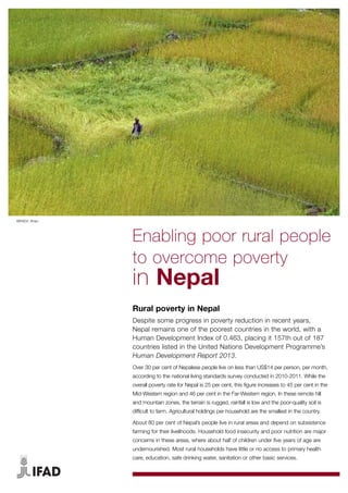 Enabling poor rural people
to overcome poverty
in Nepal
Rural poverty in Nepal
Despite some progress in poverty reduction in recent years,
Nepal remains one of the poorest countries in the world, with a
Human Development Index of 0.463, placing it 157th out of 187
countries listed in the United Nations Development Programme’s
Human Development Report 2013.
Over 30 per cent of Nepalese people live on less than US$14 per person, per month,
according to the national living standards survey conducted in 2010-2011. While the
overall poverty rate for Nepal is 25 per cent, this figure increases to 45 per cent in the
Mid-Western region and 46 per cent in the Far-Western region. In these remote hill
and mountain zones, the terrain is rugged, rainfall is low and the poor-quality soil is
difficult to farm. Agricultural holdings per household are the smallest in the country.
About 80 per cent of Nepal’s people live in rural areas and depend on subsistence
farming for their livelihoods. Household food insecurity and poor nutrition are major
concerns in these areas, where about half of children under five years of age are
undernourished. Most rural households have little or no access to primary health
care, education, safe drinking water, sanitation or other basic services.
©IFAD/I. Khan
 