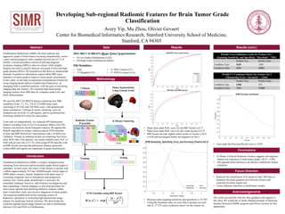 Developing Sub-regional Radiomic Features for Brain Tumor Grade
Classification
Avery Yip, Mu Zhou, Olivier Gevaert
Center for Biomedical Informatics Research, Stanford University School of Medicine,
Stanford, CA 94305
Abstract
Introduction
Data Results
Conclusions
Glioblastoma Multiforme (GBM) is a highly malignant tumor
stemming from astrocytes and necessitates ample blood supply to
reproduce. In most cases, the source of the disease is unclear, and
it affects approximately 29.5 per 100,000 people. Initial stages of
GBM induce seizures, nausea, headaches with rapid onset of
worsening symptoms such as hemiparesis and progressive
memory loss. Tumor grade identification is necessary for
immediate treatment, however, often biopsies are dangerous and
time-consuming. Clinical imaging is a universal procedure for
most cancer patients and unlocking definitive features within
them would allow early, non-invasive diagnoses of tumor grades.
The proposed method built on the emerging science of
Radiomics specializes in extracting high-dimensional image
features for predicting clinical outcomes. We showed that the
extracted regional-based image features are able to differentiate
between LGG and HGG in Glioblastoma.
Glioblastoma Multiforme (GBM), the most endemic and
aggressive grade of brain tumors occurring idiopathically, carries
a poor clinical prognosis with a median survival rate of 12-16
months. Current procedures consist of utilizing magnetic
resonance imaging (MRI) to discover tumors while lengthy
biopsies are used to classify between low-grade (LGG) and high-
grade gliomas (HGG). We hypothesize that there are monumental
amounts of predictive information sealed within MRI scans
indicative of tumor grade to improve tumor grade classification.
In this study, we develop an automated computational framework
using imaging-based analysis founded upon Radiomics, an
emerging field in stratified medicine, with the goal of converting
imaging data into features. We extracted high-dimensional
imaging features from MRI data for computer-aided LGG and
HGG differentiation.
We used the MICCAI BRATS dataset containing four MRI
modalities (Flair, T1, T1c, T2) of 274 MRI brain scans,
consisting of 54 LGG and 220 HGG cases, with ground-truth
tumor annotations. Utilizing K-means clustering, each run
produced one set of (K=5) sub-regions, and we performed this
clustering method five times for each patient.
From each set independently, we extracted 405-dimensional
features including Gray-Level Co-occurrence Matrix (GLCM)
features and intensity-based histogram features. We applied the
ReliefF algorithm for feature selection and an SVM classifier
(Linear and RBF Kernel) for classification with a 10-fold cross
validation. Despite an unbalanced data set containing four times
more HGG than LGG patients, our results yielded a max AUC of
0.80 with an error rate of 27.5% when using SVM classifier with
an RBF Kernel, proving that phenotypic features generated
within GBM sub-regions are significant in grade classification.
• K-Means Clustered Radiomic Features suggests sub-regional
features are indicative of brain tumor grade. (AUC = 0.80)
• sub-regional tumor analysis is an effective method for feature
extraction.
Acknowledgements
Flair T1 T1c T2
Testing
This work was possible with the close guidance and support of
Mu Zhou. We would like to thank Stanford Institute of Medicine
Summer Research (SIMR) program and Olivier Gevaert for this
opportunity.
2016 MICCAI BRATS (Brain Tumor Segmentation)
• 54 Low Grade Glioblastoma (LGG)
• 220 High Grade Glioblastoma (HGG)
MR Modalities:
• Flair
• T2 Weighted (T2)
• T1 PRE-Contrast (T1)
• T1 POST-Contrast (T1c)
Methodology
Future Direction
• Replicate the initialization of K-means at least 100 times to
minimize the mean-squared error between clusters and
centroids for better feature sets.
• Utilize different classifiers to build better models
• Mean Area under ROC curve for the RBF Kernel is 0.77
• Mean Area under ROC curve for the Linear Kernel is 0.75
• RBF Kernel provide slightly better results as Feature 2 AUC
is 0.80 and encouraged further investigation on Set 2.
Results (cont.)
10-fold Cross-Validation results for Feature Set 2
(Equating Sensitivity and Specificity: Threshold = .7381)
Predict True Predict False
Condition True 3169 1205
Condition False 4909 12911
• Decision value equating sensitivity and specificity is -0.7381
• Using this threshold value we were able to produce an error
rate of 27.55% and a confusion matrix for this feature set.
10-fold CV Confusion Matrix for Feature Set 2
(Minimizing Error: Threshold = -.3204)
Predict True Predict False
Condition True 1468 355
Condition False 2906 17465
• Area under the Precision/Recall curve is .6259
Tumor Segmentation
Using Ground Truth
1 2 3 4
Training
1 Patient
Flair T1 T1c T2
K-Means Clustering
Flair T1
T1c T2
Clustered
Data
Clusters
Radiomic Feature
Extraction
Flair T1
T1c T2
Clustered
Data
Flair T1
T1c T2
Clustered
Data
Flair T1
T1c T2
Clustered
Data
Flair T1
T1c T2
Clustered
Data
5 Sets5 Sets
Flair T1 T1c T2Flair T1 T1c T2Flair T1 T1c T2Flair T1 T1c T2
 