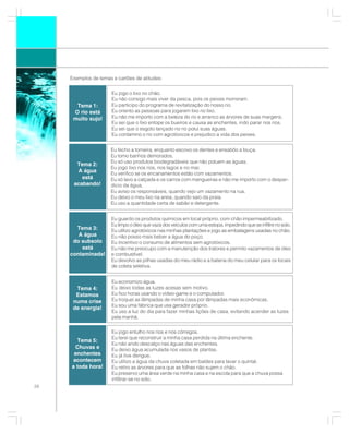 Exemplos de temas e cartões de atitudes:


                       Eu jogo o lixo no chão.
                       Eu não consigo mais viver da pesca, pois os peixes morreram.
       Tema 1:         Eu participo do programa de revitalização do nosso rio.
      O rio está       Eu oriento as pessoas para jogarem lixo no lixo.
      muito sujo!      Eu não me importo com a beleza do rio e arranco as árvores de suas margens.
                       Eu sei que o lixo entope os bueiros e causa as enchentes, indo parar nos rios.
                       Eu sei que o esgoto lançado no rio polui suas águas.
                       Eu contamino o rio com agrotóxicos e prejudico a vida dos peixes.


                      Eu fecho a torneira, enquanto escovo os dentes e ensabôo a louça.
                      Eu tomo banhos demorados.
                      Eu só uso produtos biodegradáveis que não poluem as águas.
       Tema 2:
                      Eu jogo lixo nos rios, nos lagos e no mar.
       A água         Eu verifico se os encanamentos estão com vazamentos.
         está         Eu só lavo a calçada e os carros com mangueiras e não me importo com o desper-
      acabando!       dício da água.
                      Eu aviso os responsáveis, quando vejo um vazamento na rua.
                      Eu deixo o meu lixo na areia, quando saio da praia.
                      Eu uso a quantidade certa de sabão e detergente.


                      Eu guardo os produtos químicos em local próprio, com chão impermeabilizado.
                      Eu limpo o óleo que vaza dos veículos com uma estopa, impedindo que se infiltre no solo.
       Tema 3:        Eu utilizo agrotóxicos nas minhas plantações e jogo as embalagens usadas no chão.
        A água        Eu não posso mais beber a água do poço.
      do subsolo      Eu incentivo o consumo de alimentos sem agrotóxicos.
         está         Eu não me preocupo com a manutenção dos tratores e permito vazamentos de óleo
     contaminada!     e combustível.
                      Eu devolvo as pilhas usadas do meu rádio e a bateria do meu celular para os locais
                      de coleta seletiva.


                       Eu economizo água.
       Tema 4:         Eu deixo todas as luzes acesas sem motivo.
       Estamos         Eu fico horas usando o vídeo-game e o computador.
      numa crise       Eu troquei as lâmpadas de minha casa por lâmpadas mais econômicas.
                       Eu sou uma fábrica que usa gerador próprio.
      de energia!
                       Eu uso a luz do dia para fazer minhas lições de casa, evitando acender as luzes
                       pela manhã.

                       Eu jogo entulho nos rios e nos córregos.
                       Eu terei que reconstruir a minha casa perdida na última enchente.
       Tema 5:
                       Eu não ando descalço nas águas das enchentes.
      Chuvas e         Eu deixo água acumulada nos vasos de plantas.
      enchentes        Eu já tive dengue.
     acontecem         Eu utilizo a água da chuva coletada em baldes para lavar o quintal.
     a toda hora!      Eu retiro as árvores para que as folhas não sujem o chão.
                       Eu preservo uma área verde na minha casa e na escola para que a chuva possa
                       infiltrar-se no solo.
26
 