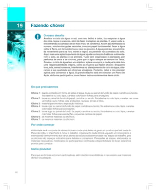 19   Fazendo chover

           !       O nosso desafio
                   Analisar o ciclo da água: o sol, com seu brilho e calor, faz evaporar a água
                   dos rios, lagos e oceanos, além de fazer transpirar as plantas. O vapor sobe e,
                   encontrando as camadas de ar mais frias, se condensa. Assim são formadas as
                   nuvens, minúsculas gotas reunidas, com um papel fundamental: fazer a água
                   voltar à Terra, em forma de chuva, neve ou granizo. A água pode ser encaminha-
                   da novamente para os rios, mares e lagos, ou penetrar nas camadas do solo.
                   Aqui, mais uma ação importante da água: ajudar os lençóis freáticos a alimenta-
                   rem o solo, as plantas e os animais. Tudo bem organizado e planejado, por
                   períodos de seca e de chuvas, para que a água sempre se renove na Terra.
                   Ou seja: o ciclo da água tem um objetivo, ações a cumprir, e cada parte dele tem
                   uma responsabilidade própria, como as nuvens que fazem chover. Enquanto
                   isso, nós, seres humanos, interferimos no planejamento do ciclo da água, alte-
                   rando a sua qualidade em diversas situações. Portanto, cabe a nós planejar
                   ações para conservar a água. O grande desafio está em elaborar um Plano de
                   Ação, de forma participativa, como fazem todos os elementos deste ciclo.




      Do que precisaremos

      Oficina 1: papéis cortados em forma de gotas d´água, lousa ou painel de fundo de papel, cartolina ou tecido,
                                                                                     fundo de papel, cartolina ou
                  tecido, fita adesiva ou cola, lápis, canetas coloridas epara anotações.
                  fita adesiva ou cola, lápis, canetas coloridas e folhas folhas para anotações.
      Oficina 2: lousa ou painel de fundo de papel, cartolina ou tecido, fita adesiva ou cola, lápis, canetas nas cores
                  lousa ou painel de fundo de papel, cartolina ou tecido, fita adesiva ou cola, lápis, canetas nas
                  cores vermelha efolhas folhasanotações, revistas, jornais e fotos. fotos.
                  vermelha e azul, azul, para para anotações, revistas, jornais e
      Oficina 3: material para montar a exposição histórica.
                                                       histórica.
      Oficina 4: lousa eegiz ou painel de fundo de papel, cartolina ouou tecido, fita adesiva ou cola, lápis, canetas
                  lousa giz ou painel de fundo de papel, cartolina tecido, fita adesiva ou cola, lápis, canetas
                  coloridas e folhas para anotações.
      Oficina 5: lousa eegiz ou painel de fundo de papel, cartolina ouou tecido, fita adesiva ou cola, lápis, canetas
                  lousa giz ou painel de fundo de papel, cartolina tecido, fita adesiva ou cola, lápis, canetas
                  coloridas, folhas para anotações, pequenas cartelas de papel.
      Oficina 6: os mesmos materiais da oficina 5.
                  os
      Oficina 7: os mesmos materiais da oficina 4.

      Por onde começar

      A atividade será composta de várias oficinas e cada uma delas vai gerar um produto que fará parte do
      Plano de Ação. O importante é iniciar o trabalho, organizando cada oficina segundo um cronograma e
      estimulando o envolvimento dos vários atores da escola ou da comunidade nas etapas do trabalho, pois
      as oficinas são espaços indicados para debates e consensos. Planejadas as etapas, elaborados os
      materiais necessários, mobilizados os participantes e verificada a disponibilidade do local, estaremos
      prontos para começar.

      Como proceder

      Para que as oficinas se tornem participativas, além das técnicas didáticas, é necessário usar materiais
      de fácil visualização.




60
 