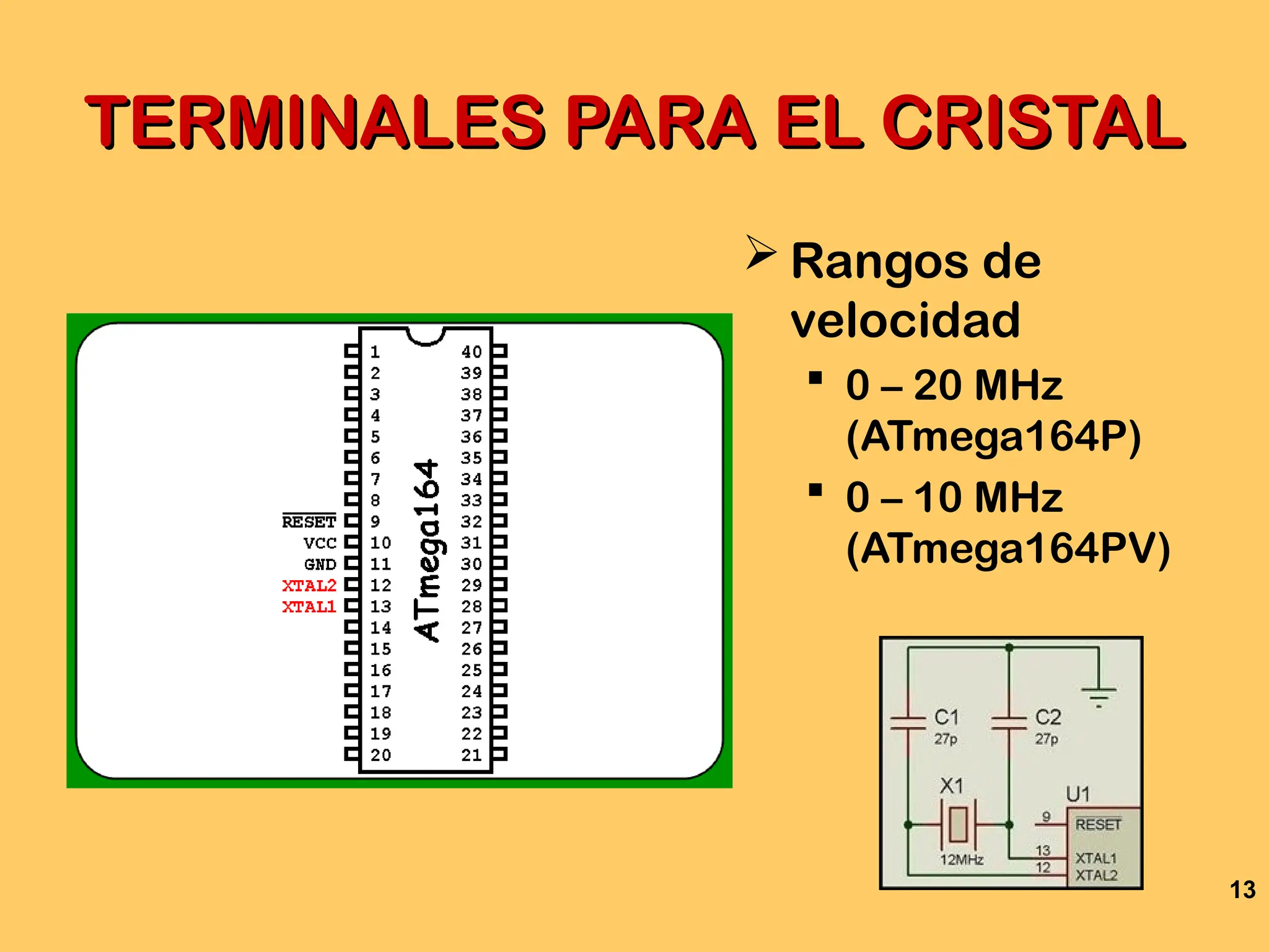 13
TERMINALES PARA EL CRISTAL
TERMINALES PARA EL CRISTAL
 Rangos de
velocidad
 0 – 20 MHz
(ATmega164P)
 0 – 10 MHz
(ATmega164PV)
 