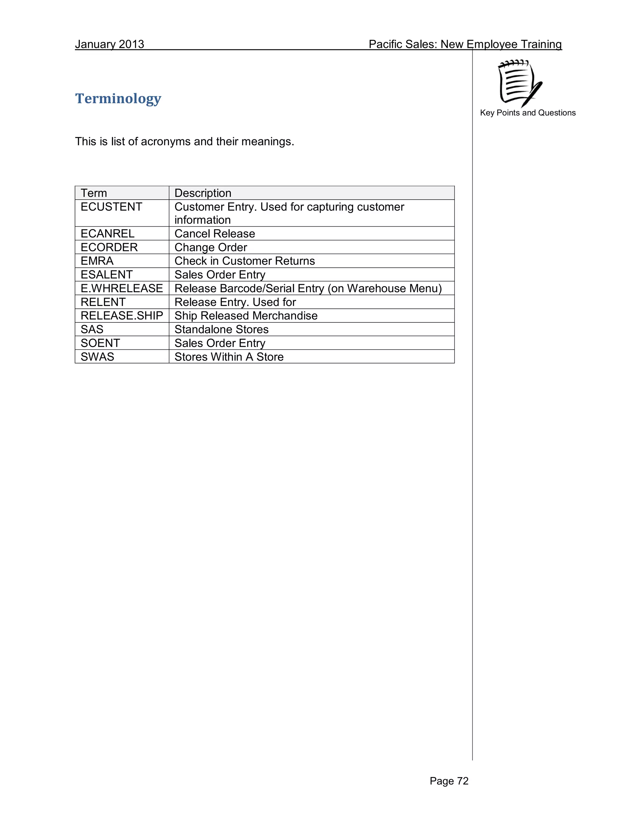 January 2013 Pacific Sales: New Employee Training
Page 72
Key Points and Questions
Terminology
This is list of acronyms and their meanings.
Term Description
ECUSTENT Customer Entry. Used for capturing customer
information
ECANREL Cancel Release
ECORDER Change Order
EMRA Check in Customer Returns
ESALENT Sales Order Entry
E.WHRELEASE Release Barcode/Serial Entry (on Warehouse Menu)
RELENT Release Entry. Used for
RELEASE.SHIP Ship Released Merchandise
SAS Standalone Stores
SOENT Sales Order Entry
SWAS Stores Within A Store
 