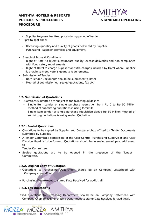 AMITHYA HOTELS & RESORTS POLICIES & PROCEDURES STANDARD OPERATING PROCEDURE