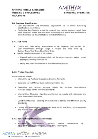 AMITHYA HOTELS & RESORTS POLICIES & PROCEDURES STANDARD OPERATING