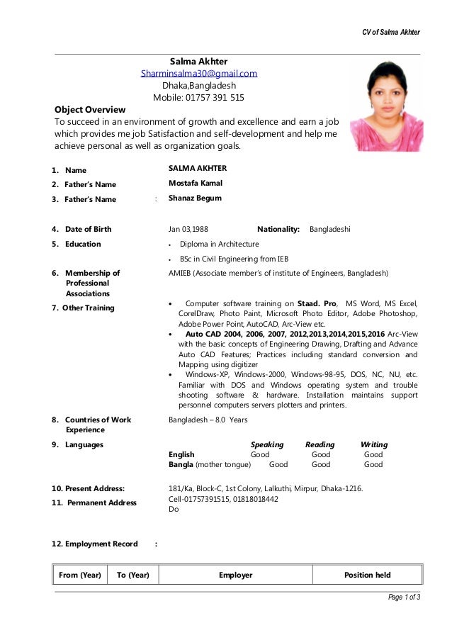CV of Salma Akhter