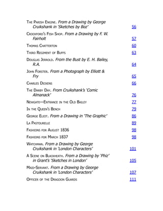 The Parish Engine. From a Drawing by George
Cruikshank in ‘Sketches by Boz’ 56
Crockford’s Fish Shop. From a Drawing by F. W.
Fairholt 57
Thomas Chatterton 60
Third Regiment of Buffs 63
Douglas Jerrold. From the Bust by E. H. Bailey,
R.A. 64
John Forster. From a Photograph by Elliott &
Fry 65
Charles Dickens 66
The Darby Day. From Cruikshank’s ‘Comic
Almanack’ 76
Newgate—Entrance in the Old Bailey 77
In the Queen’s Bench 79
George Eliot. From a Drawing in ‘The Graphic’ 86
La Pastourelle 89
Fashions for August 1836 98
Fashions for March 1837 98
Watchman. From a Drawing by George
Cruikshank in ‘London Characters’ 101
A Scene on Blackheath. From a Drawing by ‘Phiz’
in Grant’s ‘Sketches in London’ 105
Maid-Servant. From a Drawing by George
Cruikshank in ‘London Characters’ 107
Officer of the Dragoon Guards 111
 