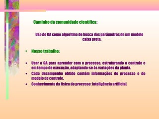 Caminho da comunidade científica:
Uso do GA como algoritmo de busca dos parâmetros de um modelo
caixa preta.
• Nosso trabalho:
• Usar o GA para aprender com o processo, estruturando o controle e
em tempo de execução, adaptando-se às variações da planta.
• Cada desempenho obtido contém informações do processo e do
modelo de controle.
• Conhecimento da física do processo: inteligência artificial.
 