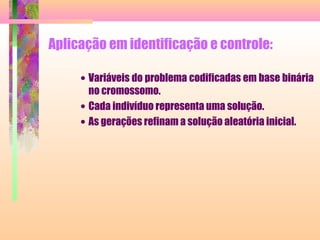 Aplicação em identificação e controle:
• Variáveis do problema codificadas em base binária
no cromossomo.
• Cada indivíduo representa uma solução.
• As gerações refinam a solução aleatória inicial.
 