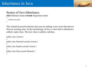 Inheritance in Java
Syntax of Java Inheritance
class Subclass-name extends Superclass-name
{
//methods and fields
}
The extends keyword indicates that you are making a new class that derives
from an existing class. In the terminology of Java, a class that is inherited is
called a super class. The new class is called a subclass.
public class Animal {
}
public class Mammal extends Animal {
}
public class Reptile extends Animal {
}
public class Dog extends Mammal {
}
15
 