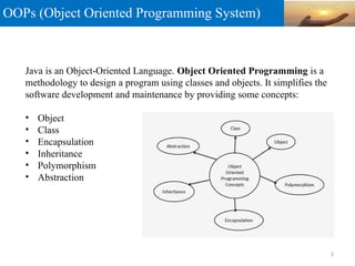 OOPs (Object Oriented Programming System)
Java is an Object-Oriented Language. Object Oriented Programming is a
methodology to design a program using classes and objects. It simplifies the
software development and maintenance by providing some concepts:
• Object
• Class
• Encapsulation
• Inheritance
• Polymorphism
• Abstraction
2
 