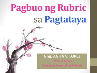 Pagbuo ng Rubric
sa Pagtataya
Gng. ANITA V. LOPEZ
EPS I – Filipino
Sangay ng Lungsod ng Malolos
 