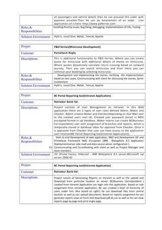 all passengers and vehicle details then he can proceed this order with
payment provider.Then He can do Amendment of an order. Live
application url is here: http://www.poferries.com
Roles &
Responsibilities
Handling Priority issues, Bug fixing, Debugging, Implementation of CRs, Testing.
Solution Environment Hybris, Java/J2ee, MySql , Tomcat, Apache
Project P&O ferries(Minicruise Development)
Customer Portaltech Reply
Descriptions This is additional functionality to P&O Ferries, Where you can create
quote for minicruise with additional details of theme on minicruise,
Where quotes dynamically calculate return crossing based on outward
journey, Then you can search minicruise and from there you can
continue your booking by selecting minicruise.
Roles &
Responsibilities
Development and Implementing the stories, Verifying the implementation
based on test cases, Communicating with client for discussing the stories, Sprint
involvement
Solution Environment Hybris, Java/J2ee, MySql , Tomcat, Apache
Project BC Portal Reporting tool(Intranet Application)
Customer Ratnakar Bank ltd.
Descriptions Project consists of User Management on Intranet. In this Web
application there are 3 types of user roles defined Admin, Maker and
Checker. Admin creates Maker and Checker(depending on that Mail sent
to the created users mail id). Created user password stored in MD5
encrypted format in sql database. Maker interns can create BC(Business
Correspondent) user with assignment of branches and reports, which is
temporally stored in database table for approval from Checker. Once it
is approved from Checker that user can have access to the application
over Internet(BC Portal Reporting tool(Internet Application)).
Roles &
Responsibilities
Start to end Development of web application, R&D and Development JSF and
Primefaces framework Md5 Encryption (IBM Websphere 8.5 Application
Deployment(server side maill and data source server configuration ),
Co Communicating and Co-ordinating with client as well as Project Manager and
team members.
Solution Environment JSF (Prime Faces), Hibernet , IBM Websphere 8.5 server,Microsoft sql
server 2008 R2
Project BC Portal Reporting tool(Internet Application)
Customer Ratnakar Bank ltd.
Descriptions Project consist of Generating Reports on Intranet as well as File upload and
Download from particular location on server. BC(Business Correspondent )
created from Intranet Application can login into this application. Based on role
assignment from intranet application, BC can created n-level of hierarchy of
users under him, Also based on right's he can download files from central
location as well as can upload documents. Based on reports assignment he can
generate reports view on front end download pdf,xls,csv as well as he can view
reports page by page and print single page.
 