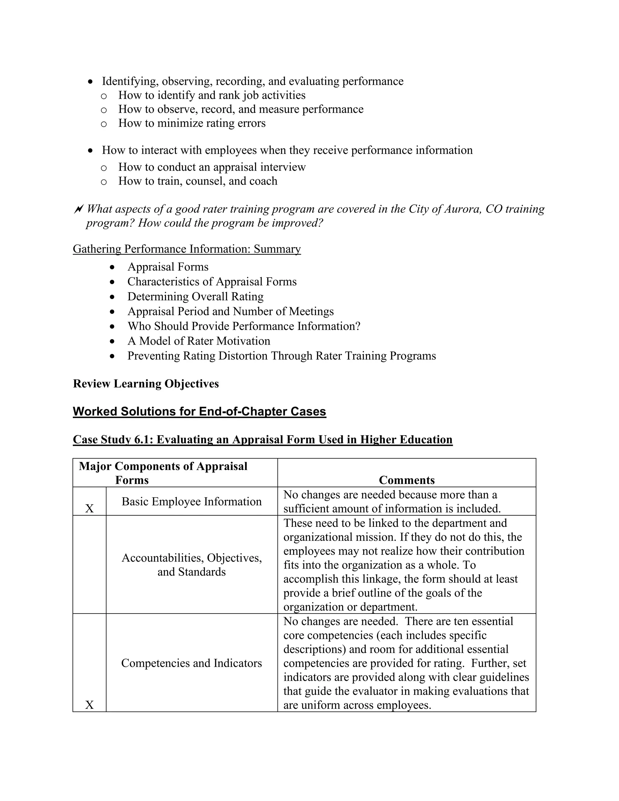 • Identifying, observing, recording, and evaluating performance
o How to identify and rank job activities
o How to observe, record, and measure performance
o How to minimize rating errors
• How to interact with employees when they receive performance information
o How to conduct an appraisal interview
o How to train, counsel, and coach
What aspects of a good rater training program are covered in the City of Aurora, CO training
program? How could the program be improved?
Gathering Performance Information: Summary
• Appraisal Forms
• Characteristics of Appraisal Forms
• Determining Overall Rating
• Appraisal Period and Number of Meetings
• Who Should Provide Performance Information?
• A Model of Rater Motivation
• Preventing Rating Distortion Through Rater Training Programs
Review Learning Objectives
Worked Solutions for End-of-Chapter Cases
Case Study 6.1: Evaluating an Appraisal Form Used in Higher Education
Major Components of Appraisal
Forms Comments
X
Basic Employee Information
No changes are needed because more than a
sufficient amount of information is included.
Accountabilities, Objectives,
and Standards
These need to be linked to the department and
organizational mission. If they do not do this, the
employees may not realize how their contribution
fits into the organization as a whole. To
accomplish this linkage, the form should at least
provide a brief outline of the goals of the
organization or department.
X
Competencies and Indicators
No changes are needed. There are ten essential
core competencies (each includes specific
descriptions) and room for additional essential
competencies are provided for rating. Further, set
indicators are provided along with clear guidelines
that guide the evaluator in making evaluations that
are uniform across employees.
 