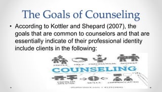 The Goals of Counseling
• According to Kottler and Shepard (2007), the
goals that are common to counselors and that are
essentially indicate of their professional identity
include clients in the following:
 
